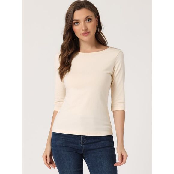 Elbow Sleeves Round Neck Slim Fit Tee Beige - Picture 2 of 5